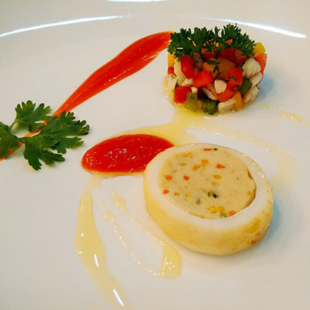 New taste of squid stuffed with chicken served with kumquat